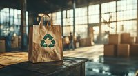 Brown paper shopping bag with green recycling symbol standing on wooden surface in sunlit warehouse interior with cardboard boxes in background.