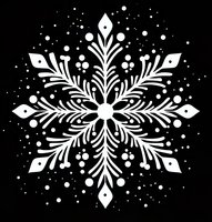 White ornate snowflake with delicate floral elements and geometric patterns on black background, isolated design for winter holiday decorations and seasonal projects.