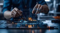Professional hands manipulating futuristic holographic architectural blueprint with glowing circuit patterns and digital elements on transparent display in dark setting.