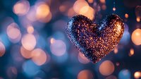 Glittering copper heart shape against blurred blue bokeh background creates romantic mood for Valentine's Day cards, wedding invitations and love concepts.