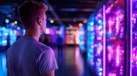 Young man looking at illuminated neon lights in dark arcade or gaming room with purple and blue glowing reflections creating atmospheric nightlife scene.