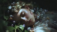Young woman with closed eyes lying among soap bubbles and green leaves in dreamy mystical atmosphere, soft natural lighting creates ethereal mood for fantasy art.