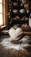 Professional African American female baker kneading fresh bread dough in warm artisan bakery kitchen with golden bokeh lights and flour-dusted wooden surface.