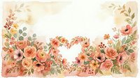 Watercolor floral frame with heart-shaped center featuring peach roses, wildflowers and greenery on cream background for wedding invitations and romantic designs.