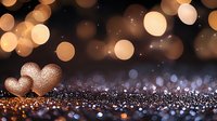 Glittering rose gold hearts on dark background with magical bokeh lights and sparkles, romantic festive composition for Valentine's Day celebrations.