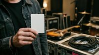 Young male musician in denim jacket holding blank white card in recording studio with DJ equipment and guitars in background for music production mockup.