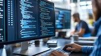 Software developer working on computer code with multiple monitors displaying programming scripts in modern office environment.