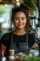 Young mixed race female barista in green apron smiling warmly at cafe counter with blurred coffee shop background and soft bokeh lighting.