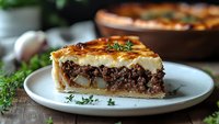 Homemade savory pie with ground meat and potato topping on white plate, garnished with fresh herbs. Traditional comfort food with golden brown crust.