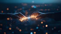 Glowing energy spark between two fingertips with magical light particles and bokeh effect on dark blue background, mystical connection concept.