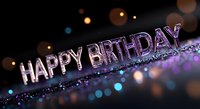 Glowing happy birthday text with sparkles and bokeh lights on dark background, purple and blue tones create magical festive atmosphere.