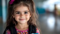 Young girl with long brown hair and pink bow smiling at camera wearing colorful floral dress and black cardigan in bright indoor setting.