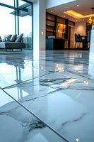 Modern luxury apartment interior with polished marble floor tiles reflecting ambient lighting. Contemporary living space features panoramic windows and minimalist decor.