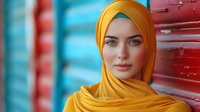 Young woman wearing yellow hijab against vibrant turquoise and red background, soft focus portrait highlighting natural makeup and confident expression.