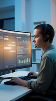 Professional male analyst with headset monitoring data analytics dashboard with charts and graphs in modern office environment for business intelligence.