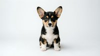 Adorable tricolor Corgi puppy sitting on white background, black tan and white coat, large ears, perfect for pet products and marketing materials.