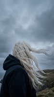 Young blonde woman in dark hoodie with hair blowing in wind against dramatic stormy sky background for lifestyle and weather concepts.