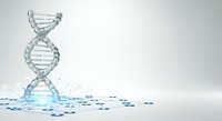DNA double helix structure made of water or glass with splashing liquid and blue data particles on white background for science and biotechnology.