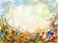 Watercolor abstract landscape with vibrant splashes of red, blue, orange, and green paint flowing across white paper, creating an expressive artistic composition.
