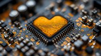 Heart-shaped microchip on circuit board with orange glow, macro photography showing electronic components and soldered connections on dark background.