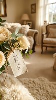 Cream roses bouquet with For You gift tag in cozy living room interior with warm sunlight and comfortable furniture for home decor and romantic occasions.