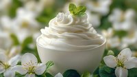 Creamy white whipped topping swirled in ceramic bowl garnished with fresh mint leaf and jasmine flowers, macro food photography on floral background.