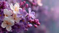 Purple and white lilac flowers blooming on branch with soft bokeh background for spring garden and nature themes.