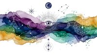 Mystical all-seeing eye with geometric symbols in vibrant watercolor splash background for spiritual and esoteric design projects.