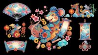 Festive Chinese New Year rat zodiac clipart set with lanterns, fan, dragon, and scroll, isolated on transparent background for stickers, T-shirts, print on demand.