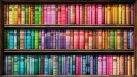 Colorful vintage hardcover books arranged on wooden library shelves creating rainbow pattern, perfect for education, literature and knowledge concepts background.