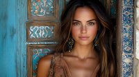 Young woman with long brown hair and natural makeup wearing boho style dress and earrings against vintage turquoise door with ornate tile background.