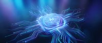 Digital brain with glowing neural pathways and circuit board connections on blue purple gradient background for artificial intelligence technology concepts.