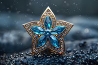 Elegant star-shaped brooch with blue crystals and golden frame on dark glittering surface. Luxury jewelry macro photography with bokeh effect and water drops.