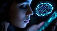 Young woman in dark room illuminated by blue light from device screen with glowing digital brain visualization, representing artificial intelligence and mind technology.