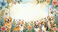 Adorable dogs border frame with floral elements and paw prints on textured background, perfect for pet-related designs and greeting cards.