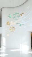 Justice scales and warning signs floating in a bright modern interior with glowing light streams, symbolizing legal balance and risk assessment.