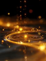 Glowing golden ripples emanate from a luminous water drop impact, creating magical circular waves with floating light particles against dark background.