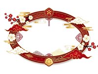 Elegant Chinese New Year oval frame with traditional red and gold decorative elements, plum blossoms, and ornate patterns for festive design projects.