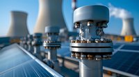 Industrial pipeline connection with steel flange and bolts on solar panel array background, cooling towers of power plant in soft focus. Modern energy concept.