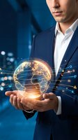 Professional businessman holding glowing digital globe with network connections representing global business technology and worldwide communication solutions.