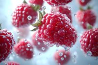 Fresh ripe raspberries floating in water with bubbles and droplets creating dynamic motion against light background, macro food photography.