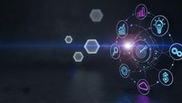 Digital technology network with glowing business icons and hexagonal elements on dark blue background for corporate presentations and marketing materials.