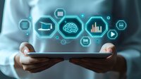 Person holding tablet with glowing digital icons representing AI, education, analytics, and technology for e-learning and business innovation concepts.