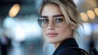 Young blonde woman wearing stylish glasses and black jacket smiling confidently in urban setting with soft bokeh lights background, professional business portrait.