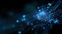 Glowing blue circuit board paths with light effects on dark background, technology concept for digital transformation and electronic connectivity.