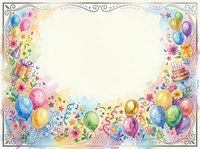 Watercolor birthday party frame with colorful balloons, gift boxes, cake and confetti on cream background for celebration invitations and greeting cards.