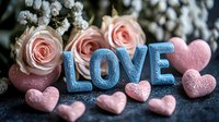 Romantic composition with blue decorative LOVE text, pink hearts and delicate roses with baby breath flowers on dark background. For Valentine's day cards.