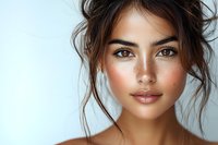 Young Hispanic woman with natural makeup and tousled hair looking at camera. Fresh glowing skin and brown eyes for beauty skincare cosmetics advertising.