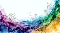 Abstract colorful smoke waves with floral line art elements flowing across white background for creative design projects and artistic compositions.