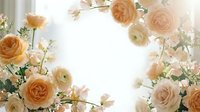 Soft peach and cream roses arranged in an elegant floral arch frame with copy space, perfect for wedding or spring celebration designs.
